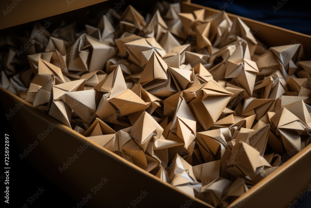 Poster a plain cardboard box unveiling a collection of intricately crafted origami, surprising with the art
