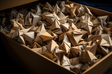 A plain cardboard box unveiling a collection of intricately crafted origami, surprising with the artistry hidden within simplicity. Generative Ai.