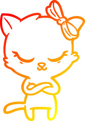 warm gradient line drawing cute cartoon cat with bow