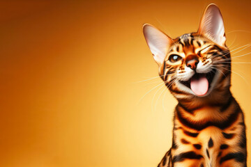 Funny bengal cat winking and sticking out tongue with copy space for text on color background. ai generative