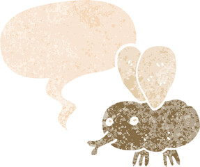 cartoon fly and speech bubble in retro textured style