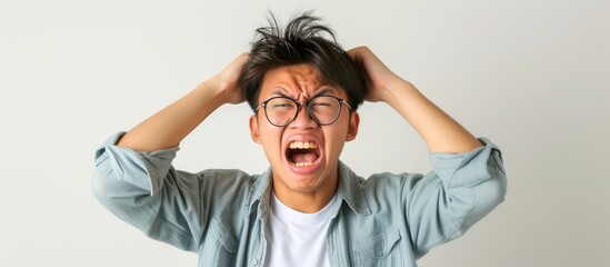 An enraged Asian man, stressed and isolated, pulling his hair in frustration.