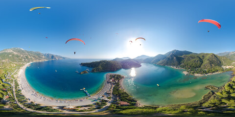 360 degree panoramic view of the lagoon in Oludeniz where paragliders fly. A popular tourist resort...