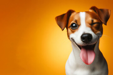Jack Russell Terrier Dog winking and sticking out tongue on solid color bright background. ai generative - obrazy, fototapety, plakaty