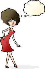 cartoon woman posing in dress with thought bubble