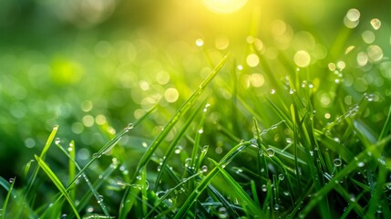 Fototapeta premium Fresh Dew on Grass at Sunrise