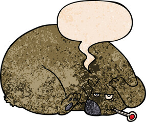 cartoon bear and a sore head and speech bubble in retro texture style