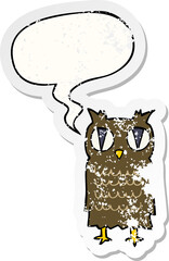 cartoon owl and speech bubble distressed sticker