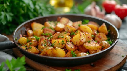 Golden Fried Potatoes in a Pan