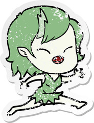 distressed sticker of a cartoon laughing vampire girl running