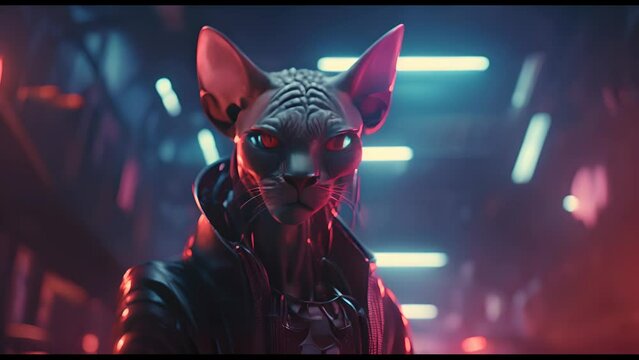 Anthropomorphic fantasy cat in cyborg armor. Fantastic android kitten in cyberpunk style. Technology and future concept.
