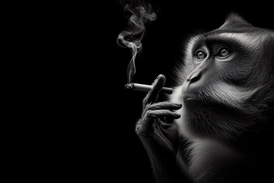 Portrait of a monkey smoking a cigarette isolated on solid black background copy space. ai generative