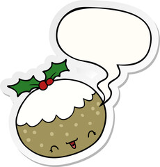 cute cartoon christmas pudding and speech bubble sticker