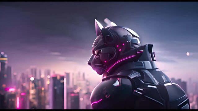 Anthropomorphic fantasy super hero cat in cyborg armor. Fantastic android kitten in cyberpunk style. Technology and future concept.