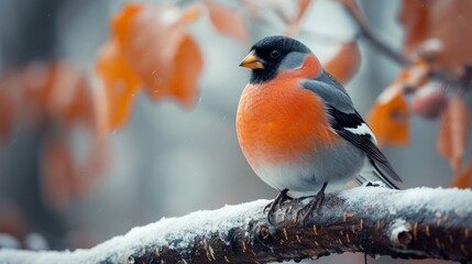 Bullfinch Bird Perched on Autumn Branch