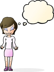 cartoon happy woman shrugging shoulders with thought bubble