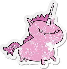 distressed sticker cartoon doodle of a magical unicorn