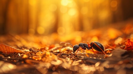 Ant Foraging on Autumn Forest Floor