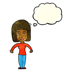 cartoon woman shrugging shoulders with thought bubble
