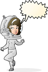 cartoon woman wearing space helmet with speech bubble