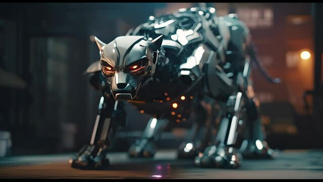 Anthropomorphic fantasy soldier cat in cyborg armor. Fantastic android kitten with weapon in cyberpunk style. Technology and future war concept.