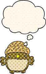 cute cartoon owl in hat and thought bubble in comic book style