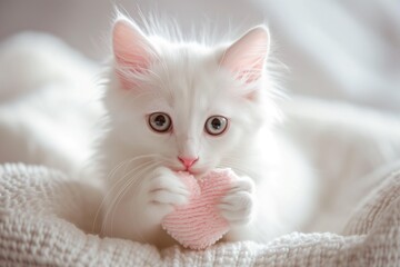 A small fluffy white kitten holds a heart in its hands