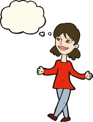 cartoon woman with no worries with thought bubble