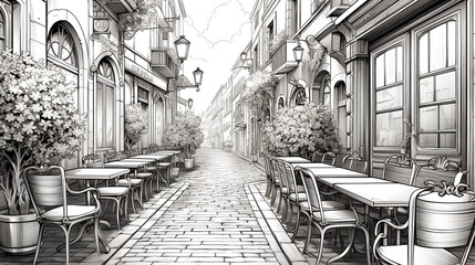 Street cafe with tables and chairs in the old mediterranean town. Sketch illustration for coloring book.