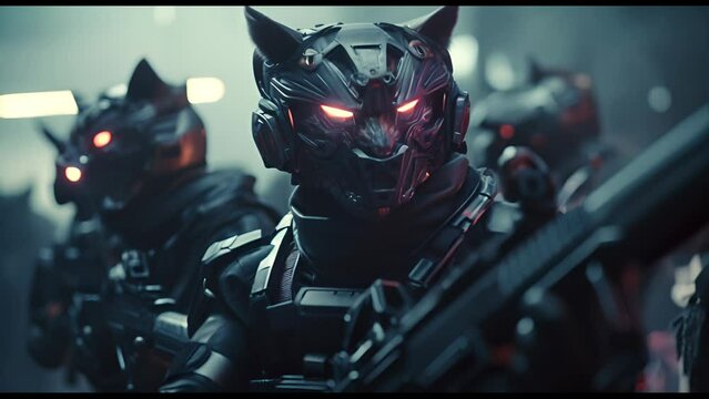Anthropomorphic fantasy soldier cat in cyborg armor. Fantastic android kitten with weapon in cyberpunk style. Technology and future war concept.