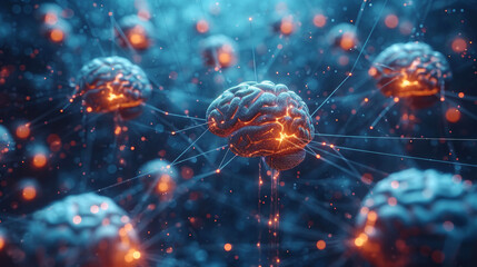 abstract 3D illustration of floating brains connected with each others - obrazy, fototapety, plakaty