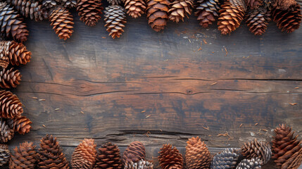 A rustic assortment of pine cones on a textured wooden background.