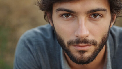 Contemplative Young Brunette with Beard: Dirt Background, Serious Gaze, Warm Smile