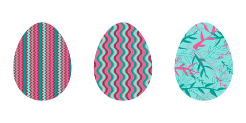 Colorful set Happy Easter of three decorated eggs with abstract figures and leaves, branches. Flat style. Vector hand drawn illustration done in blue, pink, green, red colors	