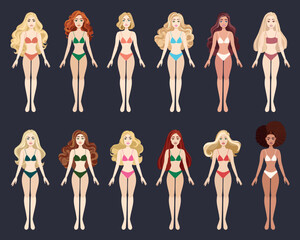 Fashion doll collection. 12 dolls with bikinis, blond, dark, red, curly hair. Vector illustration