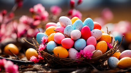 Fototapeta na wymiar Colorful Easter eggs in a bowl on a wooden table with spring flowers. Selective focus. Greeting card on an Easter theme. Happy Easter concept.