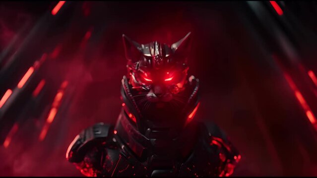 Anthropomorphic fantasy soldier cat in cyborg armor. Fantastic android kitten with weapon in cyberpunk style. Technology and future war concept.