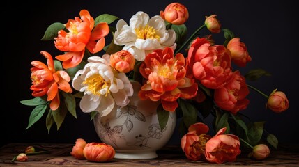 A bouquet of peach peonies in a vase on a dark background. Congratulations on Mother's Day, Valentine's Day, Women's Day. Romantic background and greeting card.