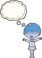 cartoon waving vampire girl with thought bubble