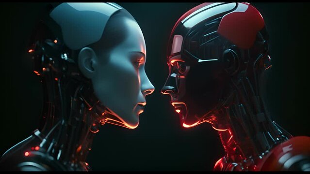 Couple in love: a man and a futuristic android robot. Technological sci-fi background. Relationship between human and artificial intelligence.