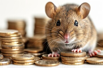 The mouse sits on coins, there is a lot of money around it.