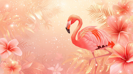 Fototapeta premium Background With Exotic Leaves And Coloful Flowers and Flamingo. It's Summer Time