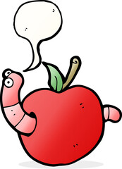 cartoon worm in apple with speech bubble