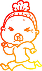 warm gradient line drawing cartoon angry old woman