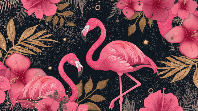 Background With Exotic Leaves And Coloful Flowers and Flamingo. It's Summer Time