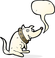 cartoon happy dog in big collar with speech bubble