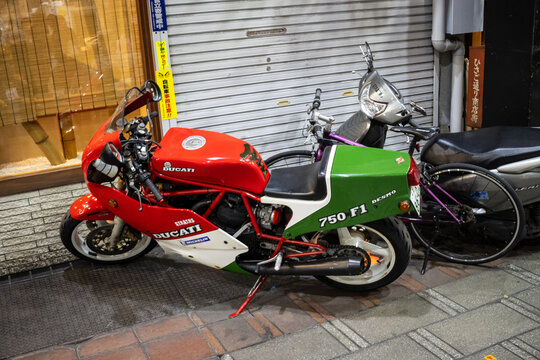 Tokyo, Japan, 29 October 2023: Parked motorcycles on a Tokyo street.