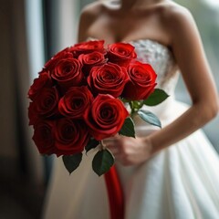 bride holding bouquet red roses
