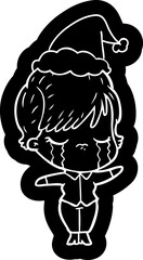 cartoon icon of a woman crying wearing santa hat