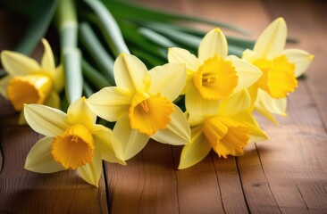 international Womens Day, Mothers Day, St. Davids Day, bouquet of yellow daffodils, spring flowers, wooden background
